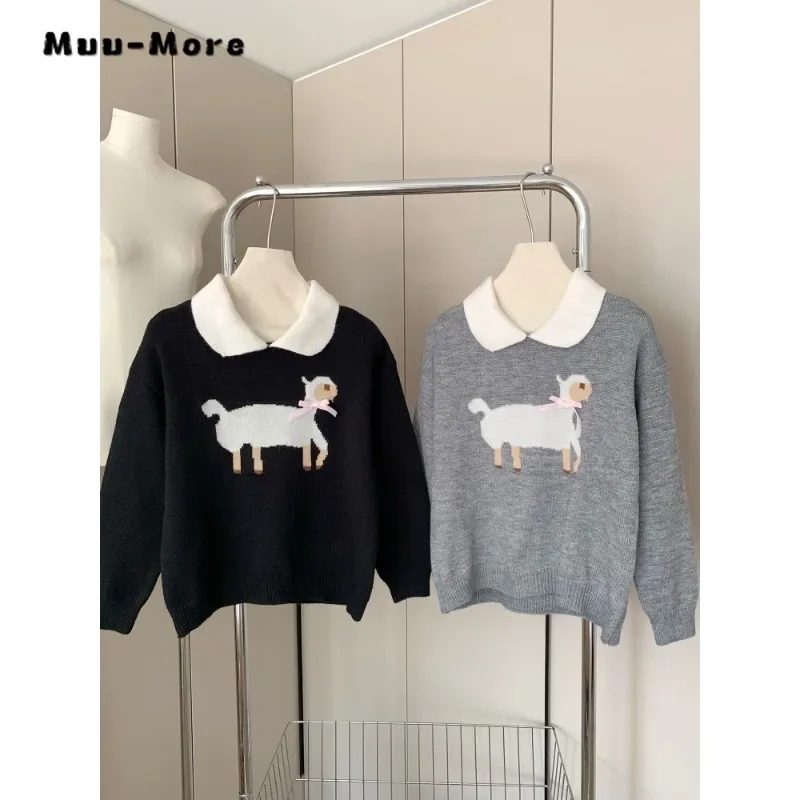 

2023 Winter Sweet Casual Knitting Long Sleeve Pullovers Korean Fashion Animal Embroidery Jumpers Women Turn Down Collar Sweater