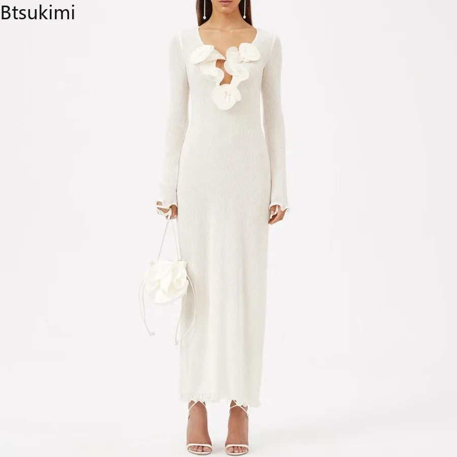 Robe longue à col en v pour femmes, belle robe chemisier transparente à manches longues, robes élégantes de couleur unie à la mode