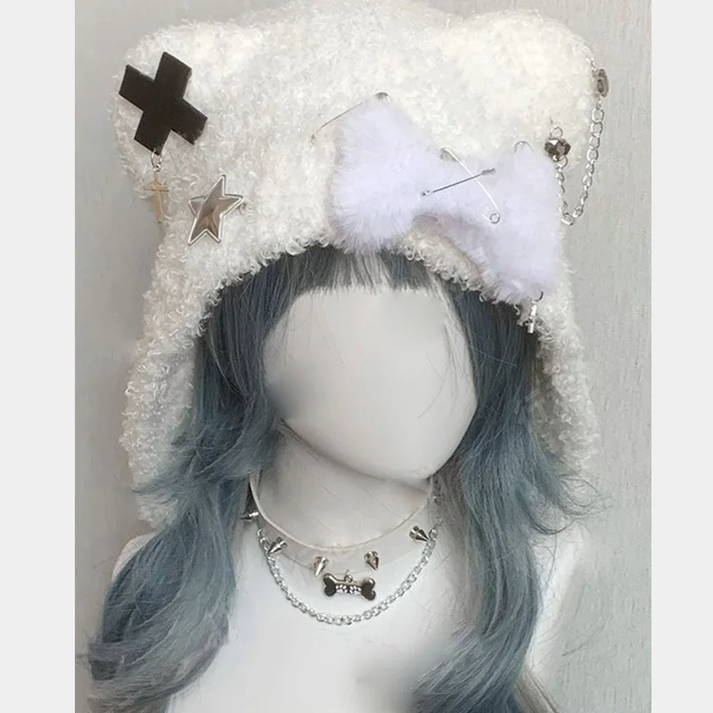 اليابانية القوطية Y2K محبوك قبعة الدب عظمتين متقاطعتين ستار Harajuku ثقافة فرعية لوليتا قبعة Kawaii رقيق شيك دلو القبعات للرجال والنساء #2