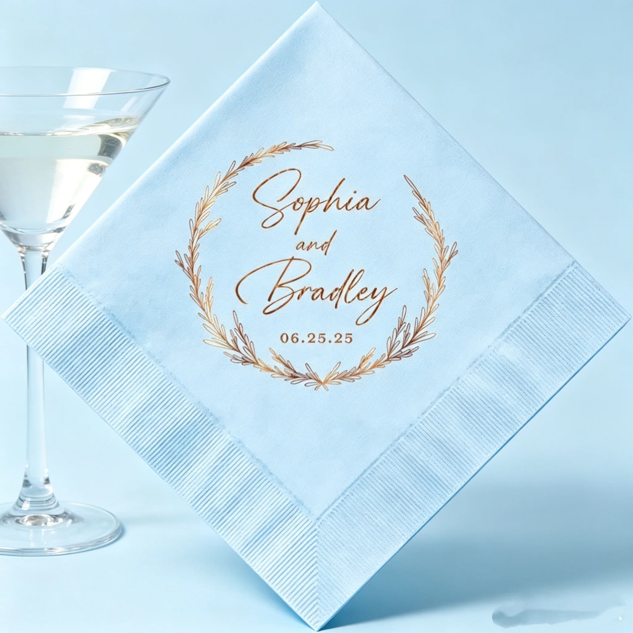 50pcs Personalized Floral Wreath Wedding Napkins - Custom Couple Names & Date with Laurel Wreath Gold Foil Themed Paper Napkins