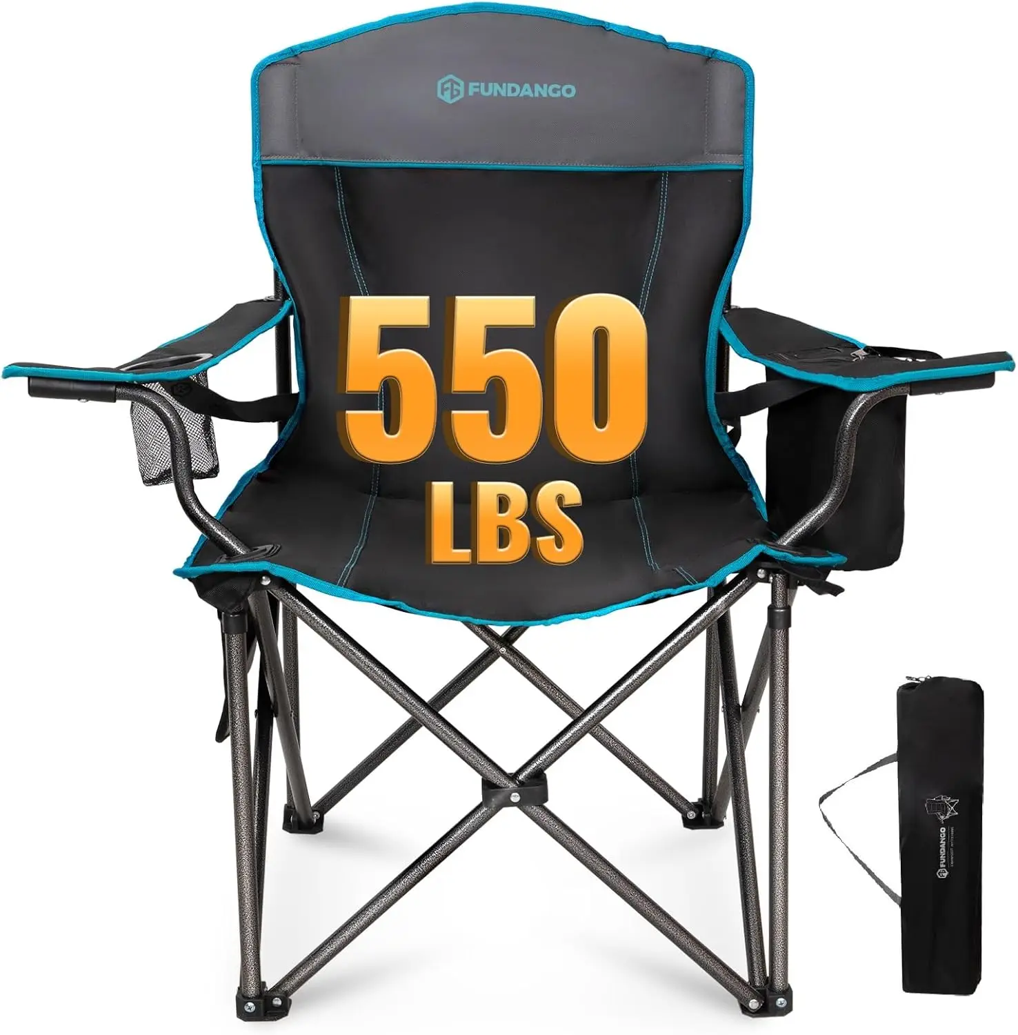 

Складное кресло для кемпинга увеличенного размера для взрослых, выдерживающее нагрузку до 250 кг, с охладителем и подстаканником, сумка для переноски в комплекте (черный/серый)