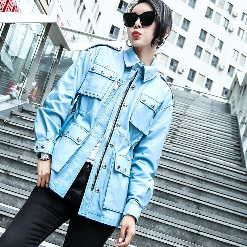 

2023 Womens Autumn Genuine Leather Jacket Luxury Streetwear Slim Sheepskin Short Coat Fashion Pink Blue Zipper Rivets Biker Jac