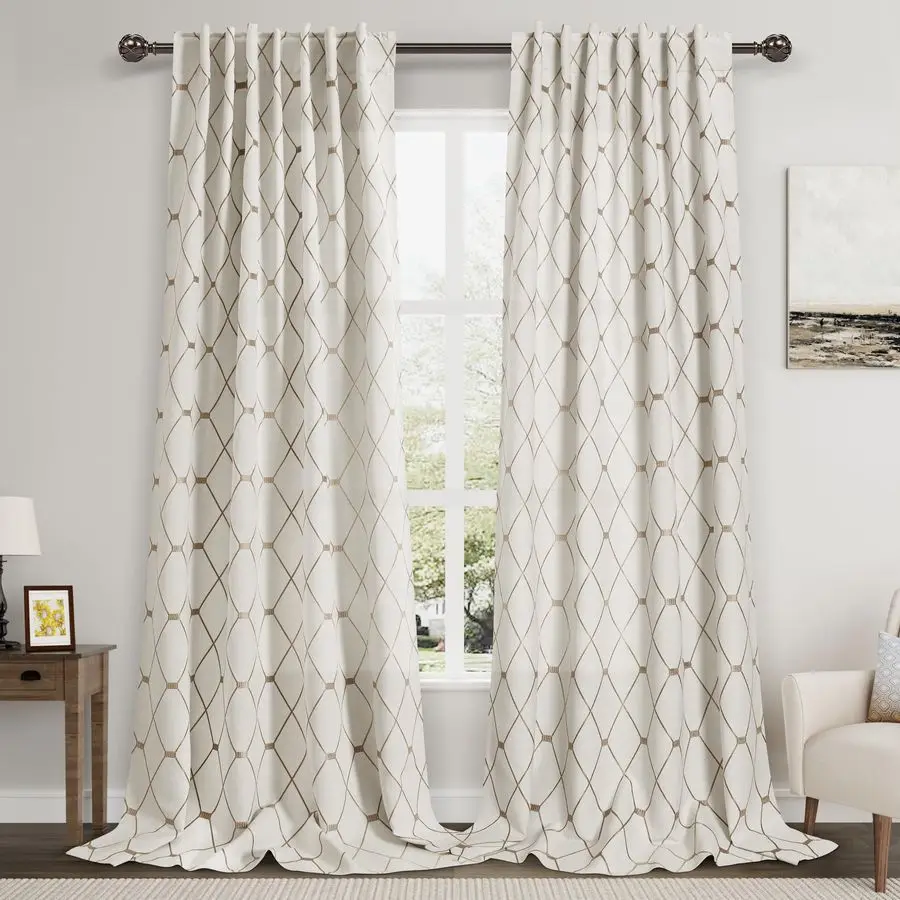 

Белые льняные шторы с текстурой, длиной 90 дюймов, для гостиной, 2 панели, с креплением на петлях, с геометрической вышивкой, светонепроницаемые, блэкаут
