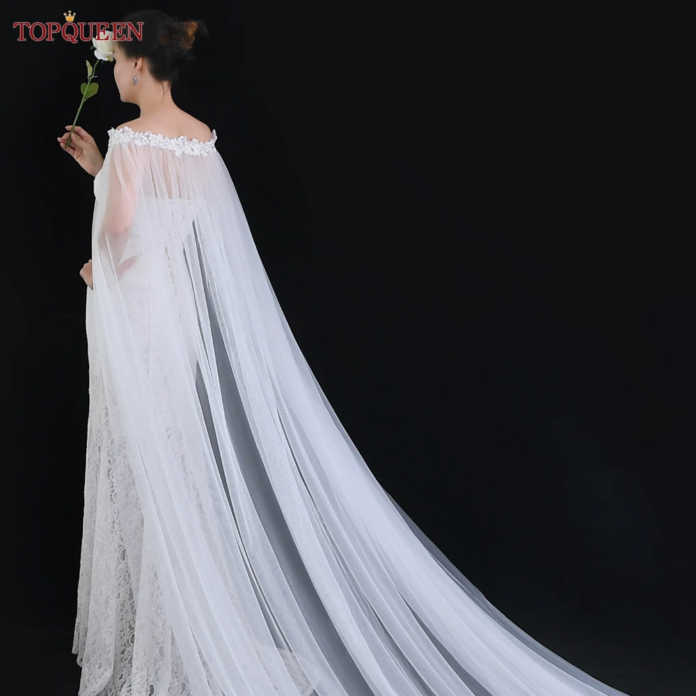 TOPQUEEN G26 Luxurious Bridal Cathedral Shawl Pearl Floral Off Shoulder Cape Soft Tulle Cloak Party Wedding Gown Cardigan DIY