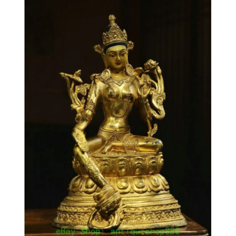 

8.2'' Old Tibet Nepal Bronze Gilt Buddhism Green Tara Goddess Buddha Statue