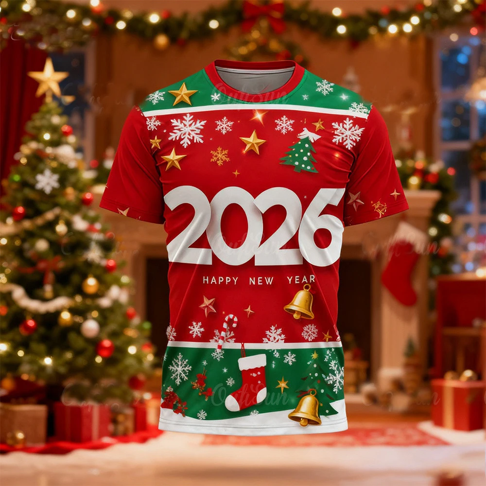 Happy New Year 2026 Merry Christmas Tshirt For Men Women Casual Short Sleeved Xmas T-shirt Clothes Christmas Party Gift Shirt