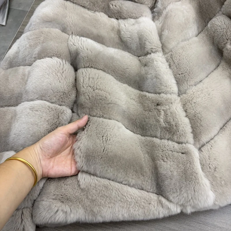 New High Quality Real Natural Rex Rabbit Fur Coat for Women Long Sleeves Luxury Fur Coat Thick Warm Outerwear Female Jackets