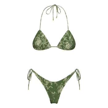 Sexy três pontos biquíni banho feminino duas peças monokini fatos de banho plissado rendas até maiô havaiano trajes de bano mujer