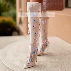 White Mesh Butterfly Wedding Boots Women Party Side Zippr Pointy Toe Knee High Shoes Female Elegant Fashion High Heels Boots