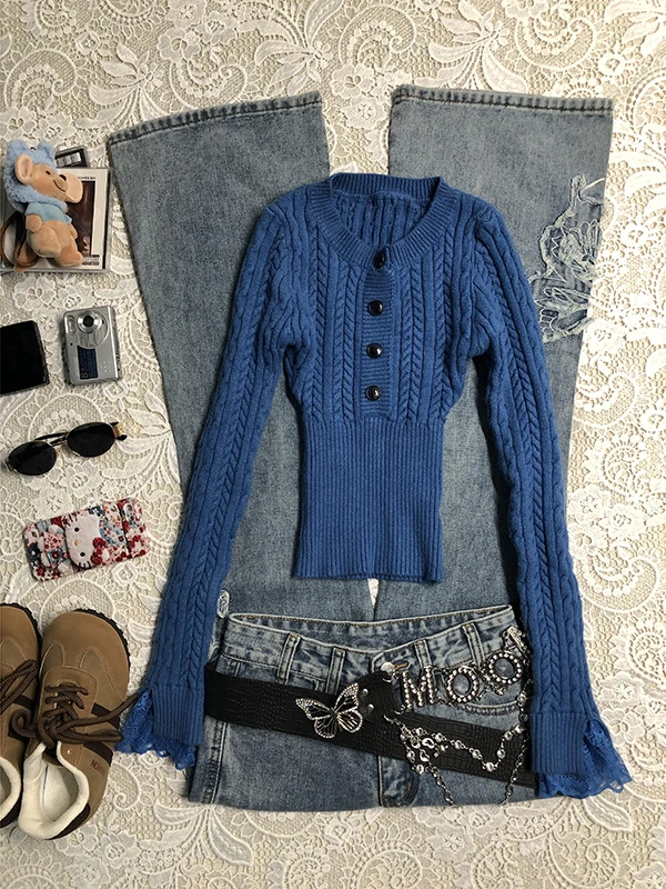 

Оригинальный синий витой свитер Jaet, женский осенне-зимний винтажный вязаный топ из смеси хлопка, длинный свек, круглый Ne, стандартный крой