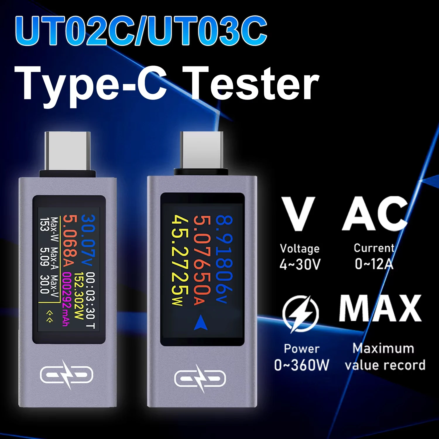 UT02C/UT03C Type-C Tester DC4-30V 0-12A Multi-function Digital Display DC Voltage Ammeter Power Meter Cell Phone Charging Tester