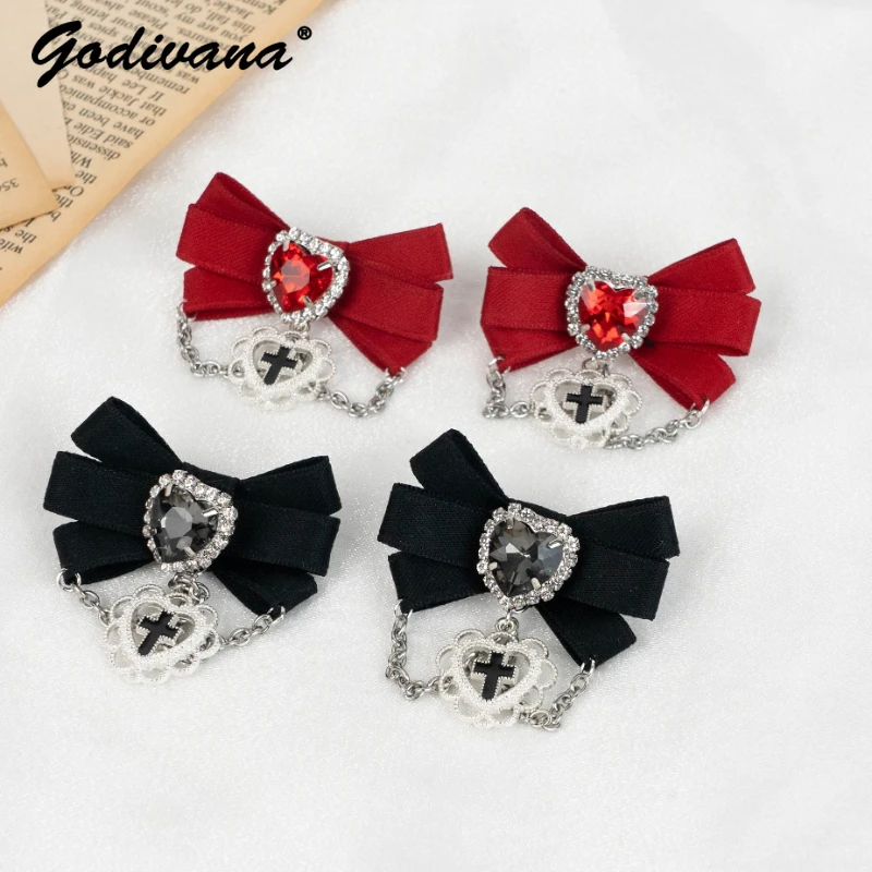 Handmade Mine Series Bow Gothic Cross Stud Earrings Women's Cute Ear Rings Mini Barrettes Sweet Cool Style Lolita Hair Clips