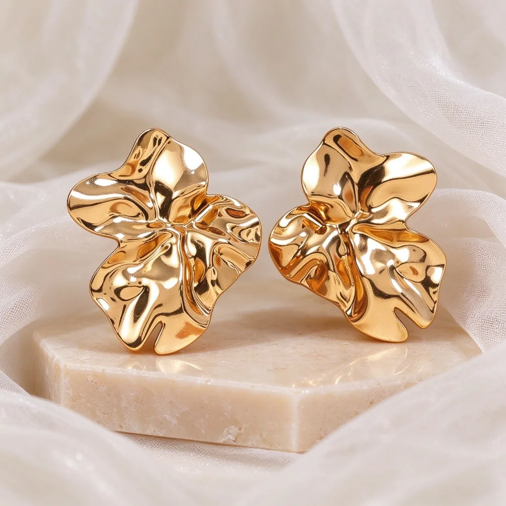 Vintage Exaggerated Metal Wrinkled Molten Texture Flower Statement Earrings Trendy Women Ear Jewelry for Party Club Daily C+