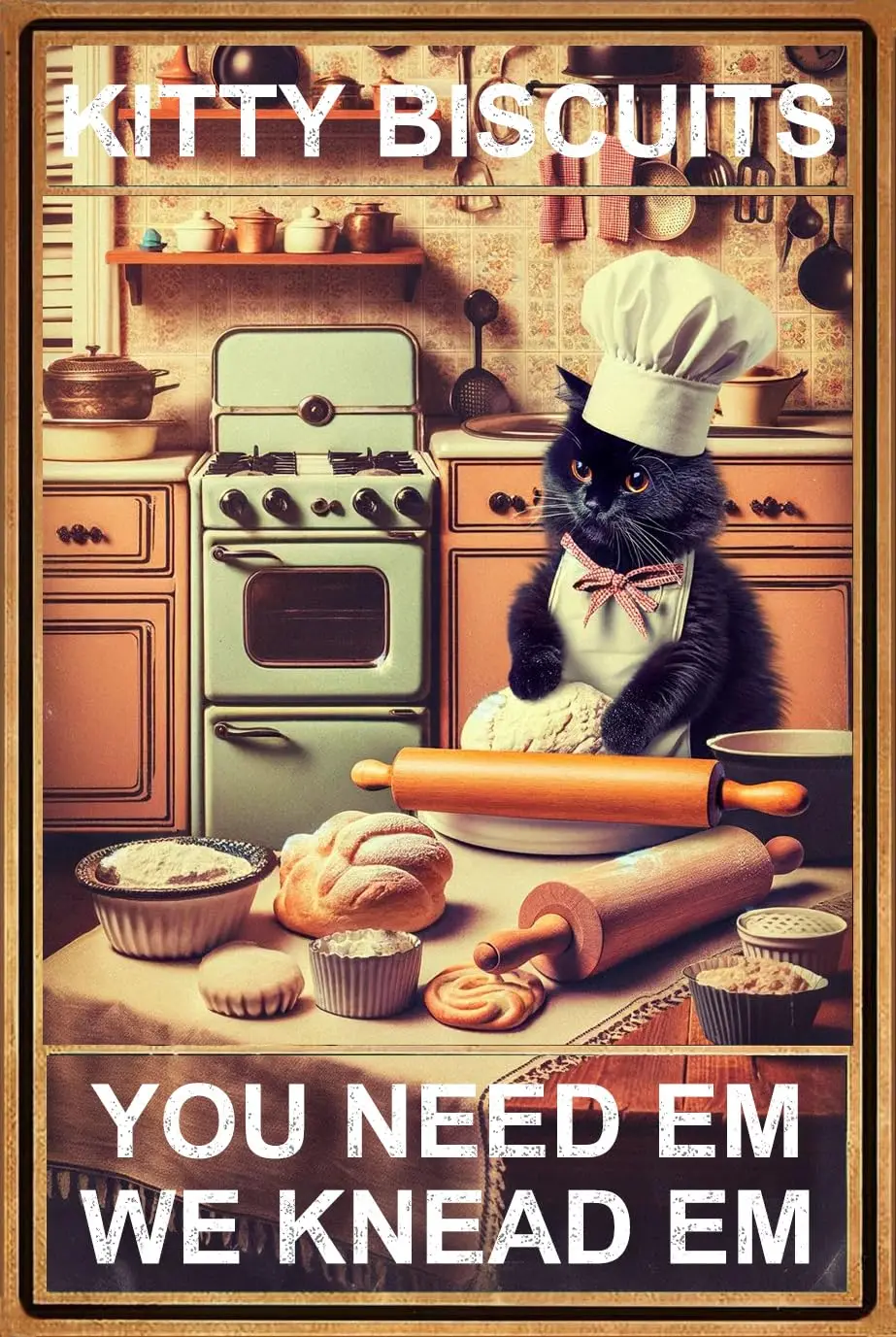 Black Cat Sign Kitty Biscuits We Knead Em You Need Em Retro Metal Tin Sign for Home Kitchen Wall Decor, 8x12 Inch