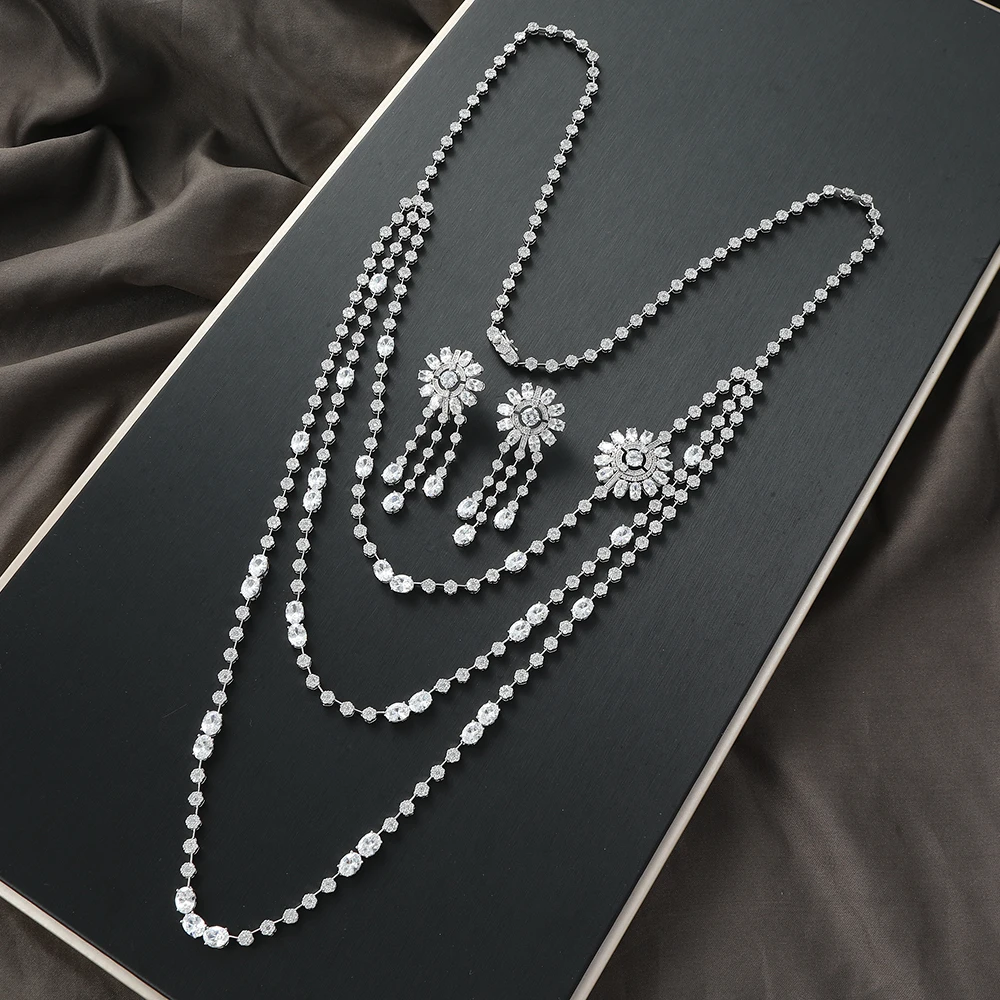 

Luxury Geometric Flower Tassel Circle Cubic Zircon Engagement Dubai Naija Bridal Three Layers Necklace Earring Jewelry Set S516