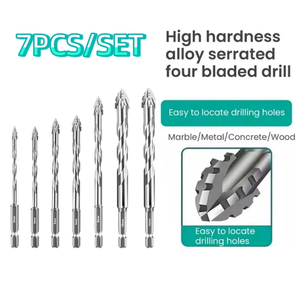 

7pcs/set High Hardness Tile Drill Bit Set U-shaped Four-Edged Concrete Drill Bit Precision Wear Resistant Eccentric Drill Bits