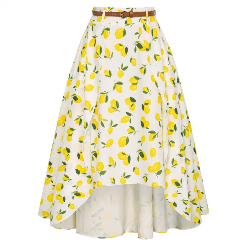 

SkirtSkirtSkirtskirt European And American Lemon Printing Half-Length Asymmetric Skirt Waist-Tight Cute Sweet Big Swing A- Dress