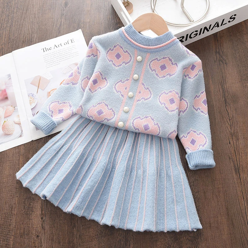 Bär Führer Mädchen Baby 2025, Mode Winter Gestrickte Kleidung Sets Cartoon Pullover Tops Rüschen Rock Outfits Kinder Kleidung