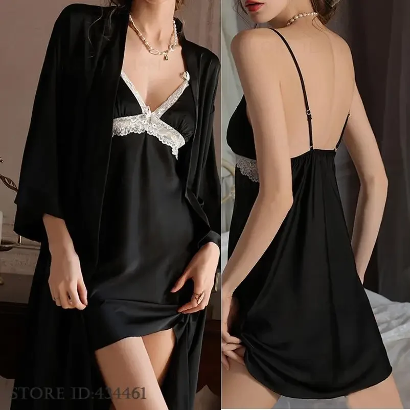 

Female Twinset Robe Nightgown Set Loungewear Sexy Black Satin Sleepwear Night Dress Spring Summer New Bathrobe Home Clothes