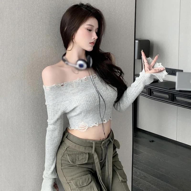 Women's Solid Color Tops Hole Slim Sexy Expose Navel Knitted Long Sleeves Tops Korean Version Off Shoulder