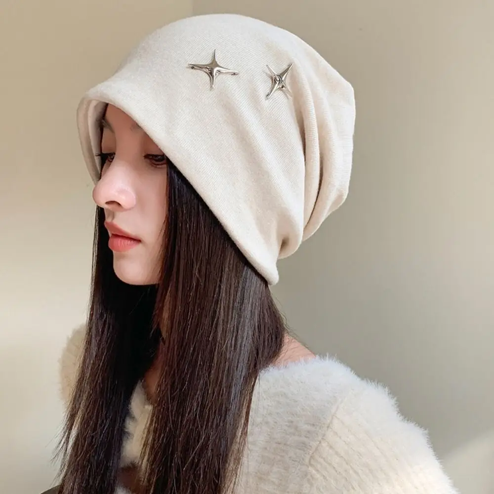Polyester Slouchy Beanie Hat Face Slimming Ear Protection Fall Winter Beanie Hat 54cm to 58cm Head Circumference Star Decor