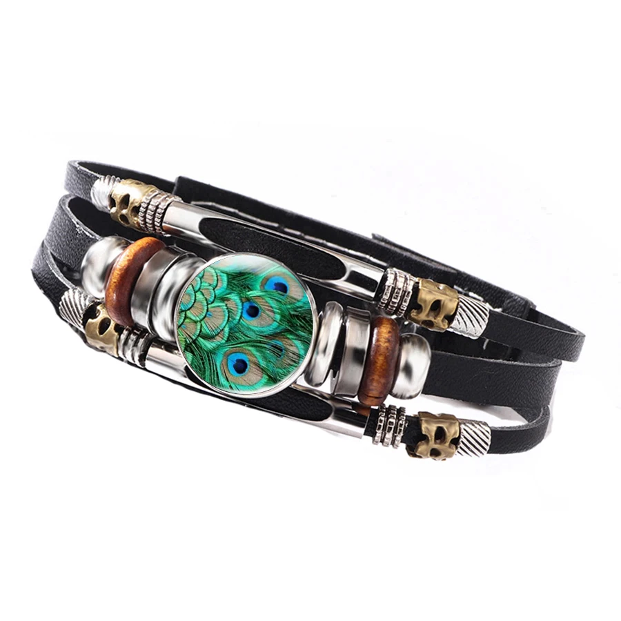 Stunning Peacock Feather Printed Leather Wrist Bracelet, Multi-Layer Beaded Adjustable Design, Nice Daily Gift Choice