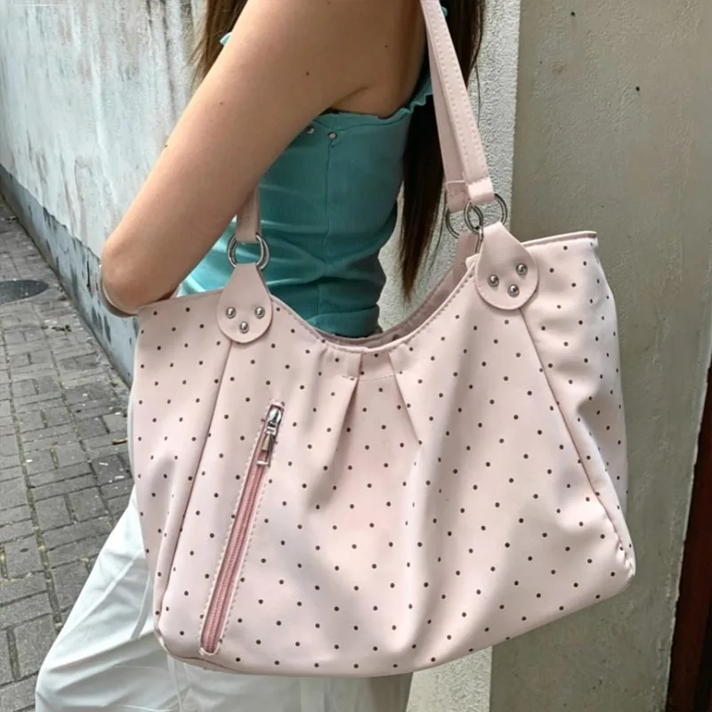 PU Leather Polka Dot Tote Bag Large Capacity Shoulder Handbag with Zip Closure Lightweight Casual Everyday Commuting Work Travel