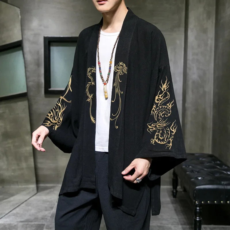 

Fashion Costume Embroidery Hanfu Mens Chinese Style Robe Kimono Ancient Coat Male Spring Summer New Loose Coat