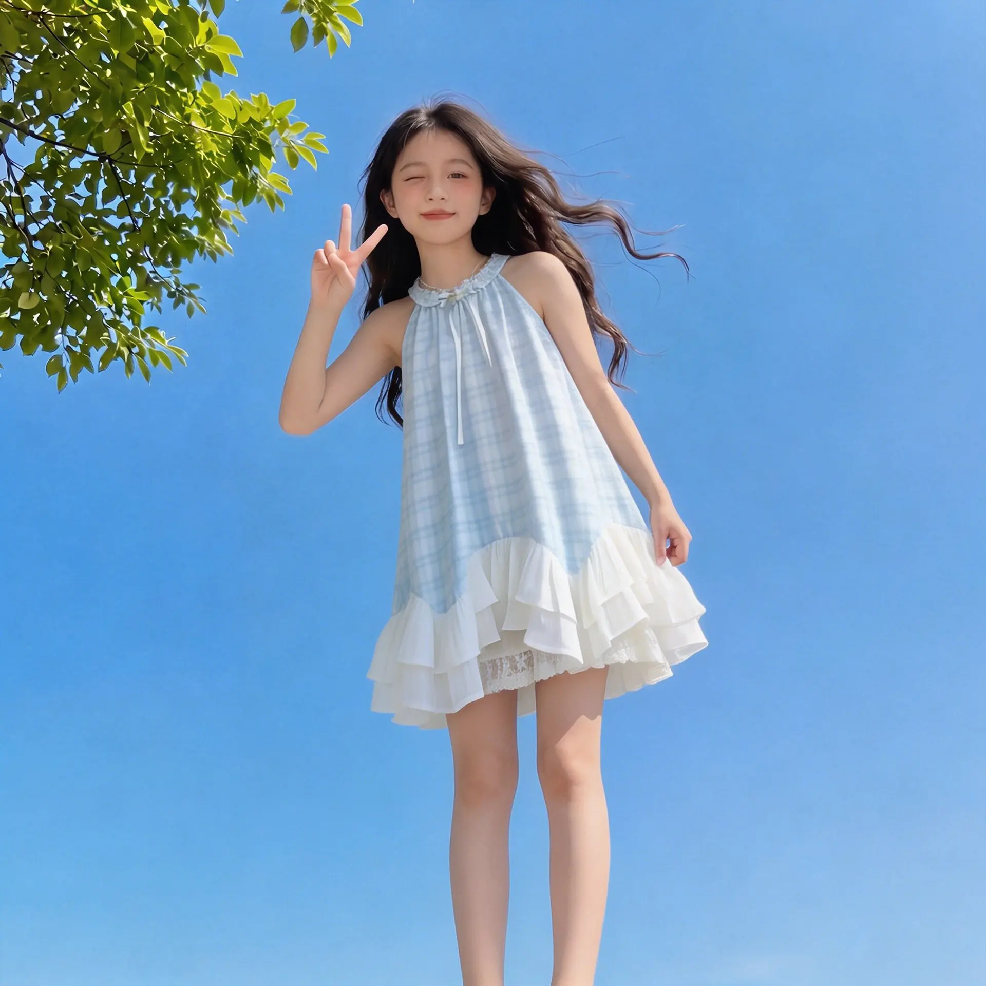 Summer Sleeveless Bow Plaid Kid Party Mesh Princess Girls Mid Long Teenager Sky Blue Patchwork Dress 4 8 10 12 14 Years
