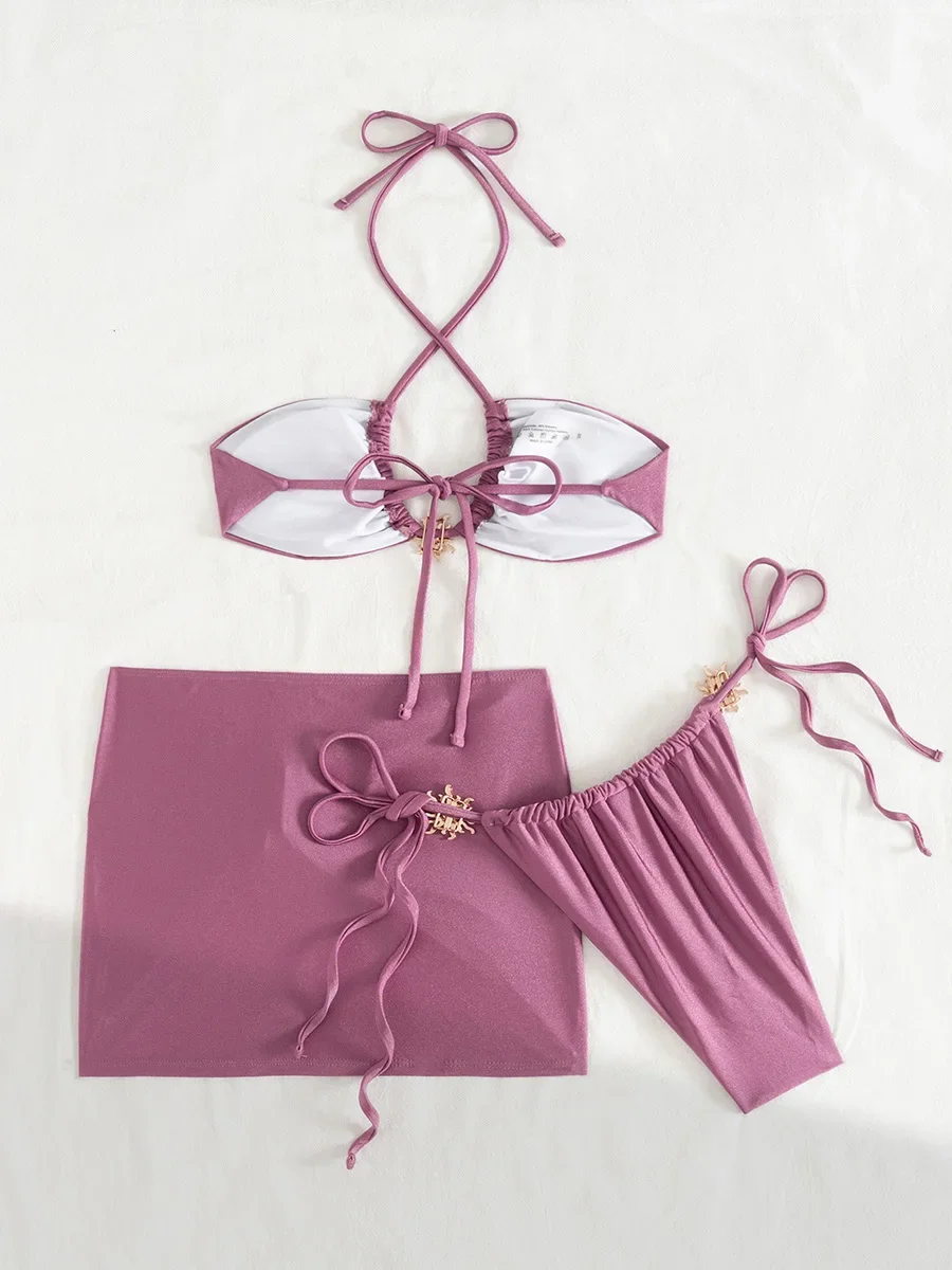 3 PCS with Skirt Halter Strappy Bikini Female Swimsuit Women Swimwear Three-pieces Bikini Set Bather Bathing Suit Swim Beachwear