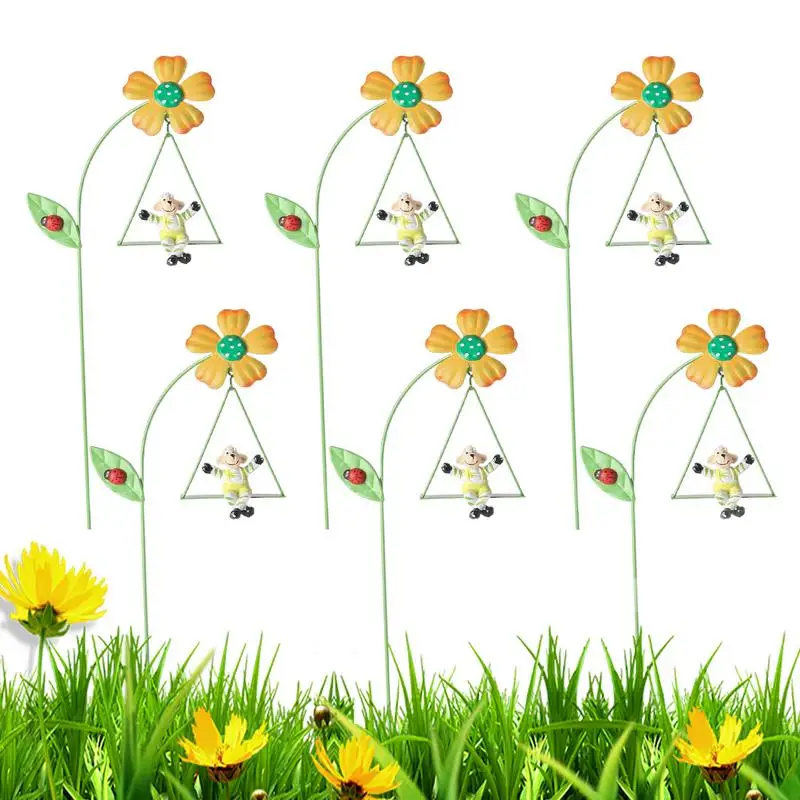 Metal Flower Stakes Decorative 6pcs Plant Stakes 10.6 Inch Garden Stakes With Colorful Ornament Cute Animals On Swings For Court