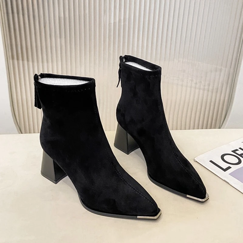 Winter Women Thick Heel Ankle Boots Fashion Pointed Toe Mordern Short Booties Street Style Party Stripper Female Shoes