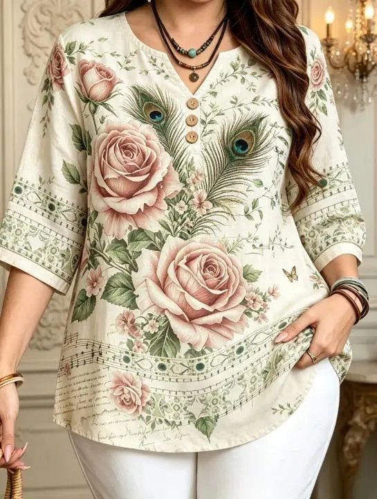 Vintage Floral Music Note Ethnic Border Women Blouse 3/4 Sleeve Notch V Neck Decor Button Casual Daily Tops