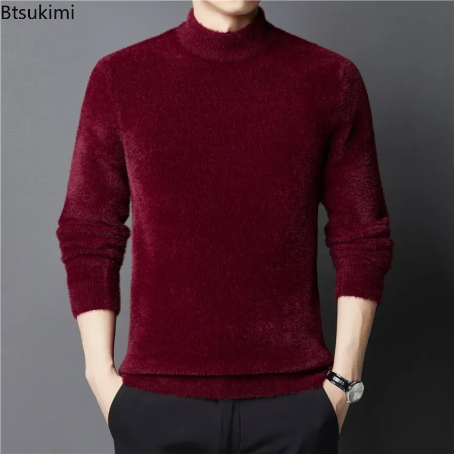 New 2024 Men's Warm Thick Woolen Sweater Tops Solid Plush Sweater for Winter Men's Thick Plush Bottom Sweater Slim Fit Pullovers