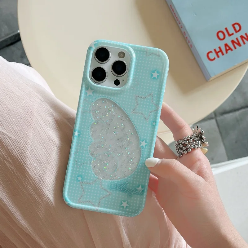 

Blue Grid Pattern Hollow Sequin Wings Suitable For iPhone 16 Pro Max Phone Case 15 14 13 Pro All Inclusive Protective Cover