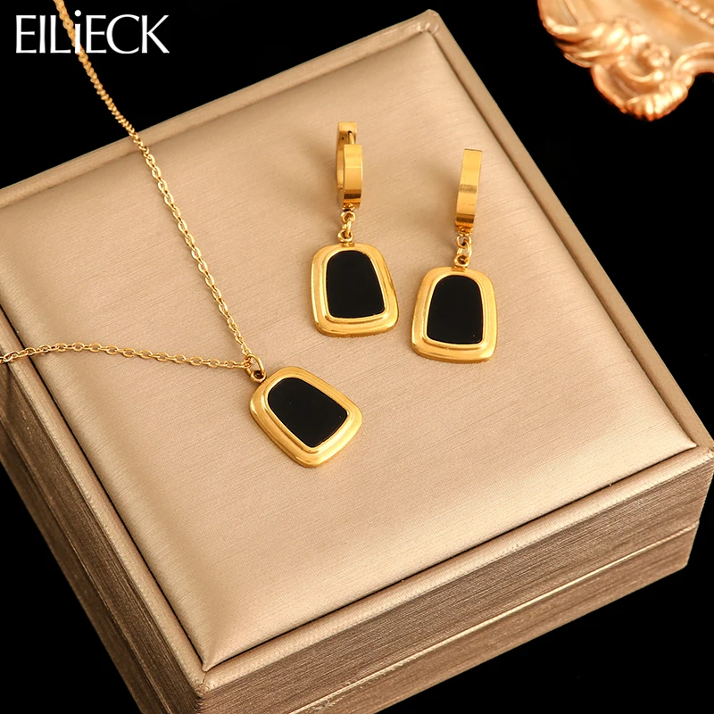 EILIECK 316L Stainless Steel Geometric Black Necklace Earrings For Women New Party Gift Waterproof 18K Gold Plated Jewelry Set