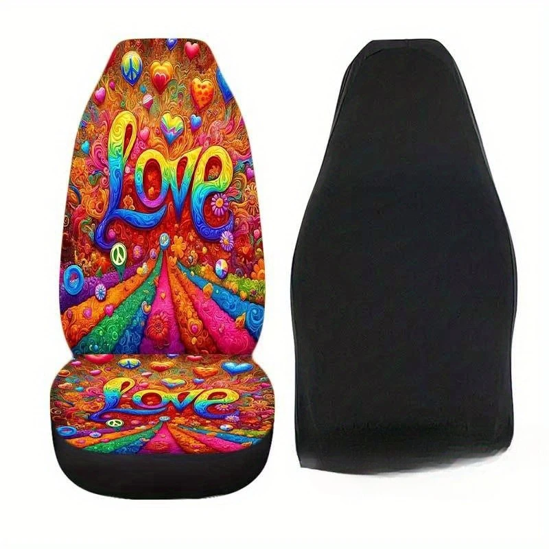 2pcs Car Seat Covers Print Colorful Heart Peace Symbol Design, Fit for Cars, SUVs, Trucks - Durable Fabric, No-Fill Front