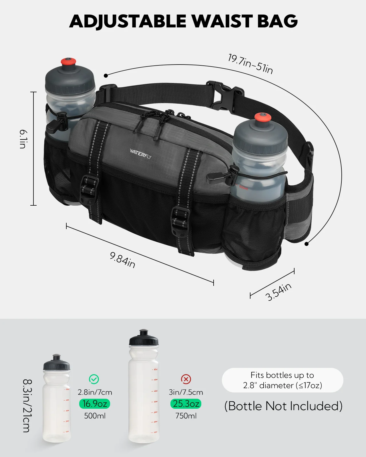 Marsupio da escursionismo WATERFLY da 3 litri - Marsupio con 2 portabottiglie e 9 tasche, cintura regolabile, ideale per viaggi, corsa, ciclismo