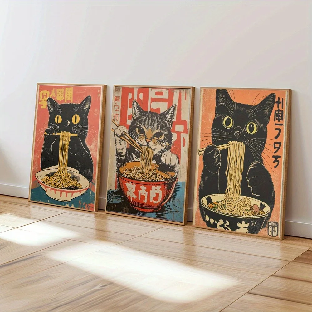 3pcs Frameless Eating Ramen Black Cat Drinking Beer Weird Kitchen Decoration Poster Japanese Retro Style Cafe Bar Wall Decor
