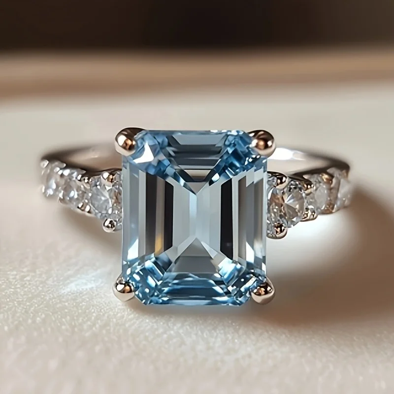 SGARIT 925 Silver Ring Natural Crystal Main Stone 6X8MM Emerald Cut Sky Blue Ring Original Wedding Fashion Jewelry