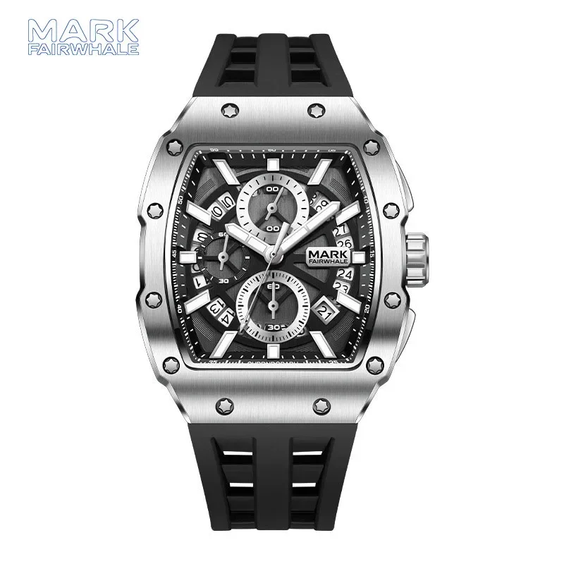 

New Mark Fairwhale Men's Luxury Tonneau Steel Chronograph Quartz Wristwatch with Sport Silicone Strap luxury watch men