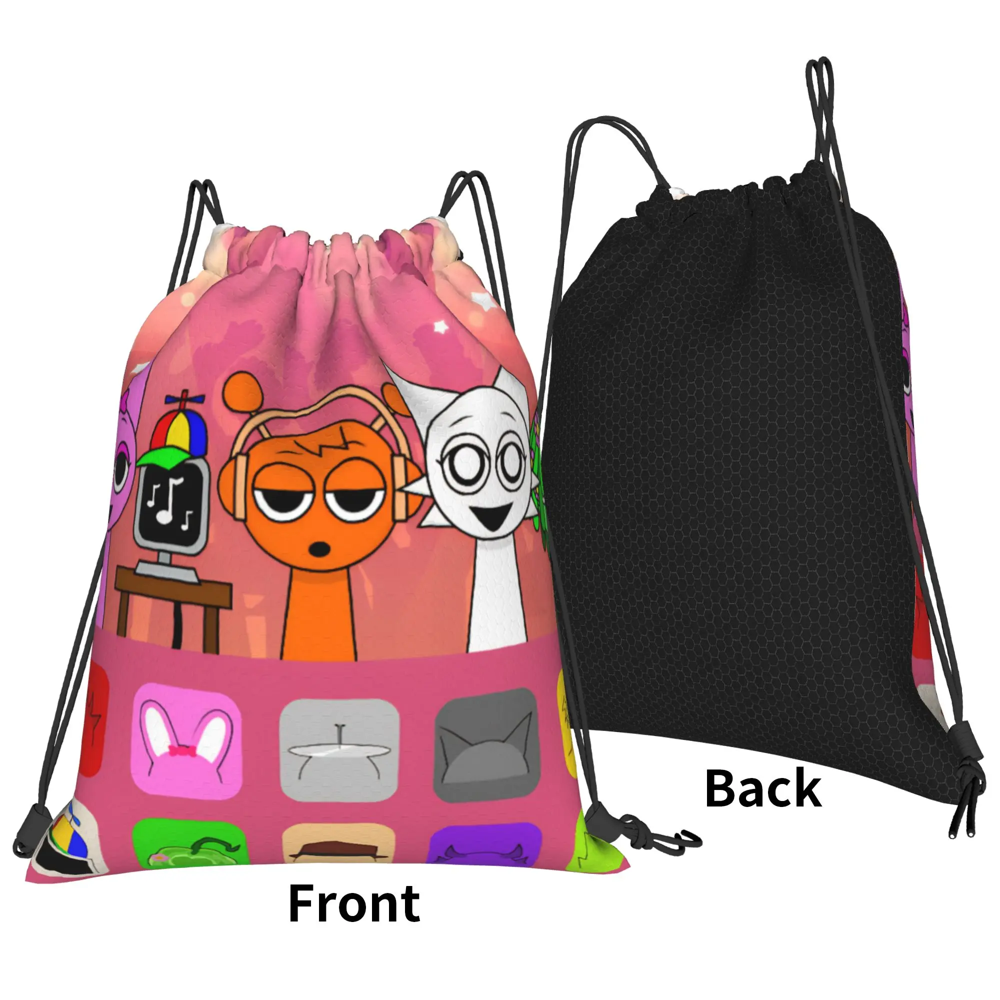 Pink Sprunki Game Bag Drawstring Backpack Sports Gym Sackpack Water Resistant Cartoon String Bags for Hiking 36cm (W) x 43cm (H)