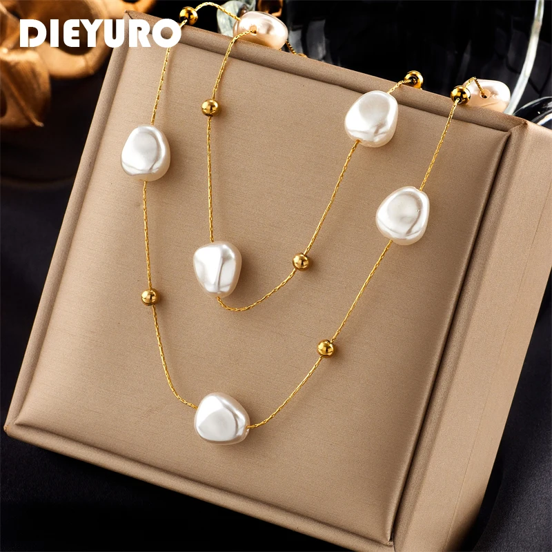 

DIEYURO 316L Stainless Steel 2in1 Large Pearl Pendant Necklace For Women New Trend Girls Neck Jewelry Chain Party Wedding Gift