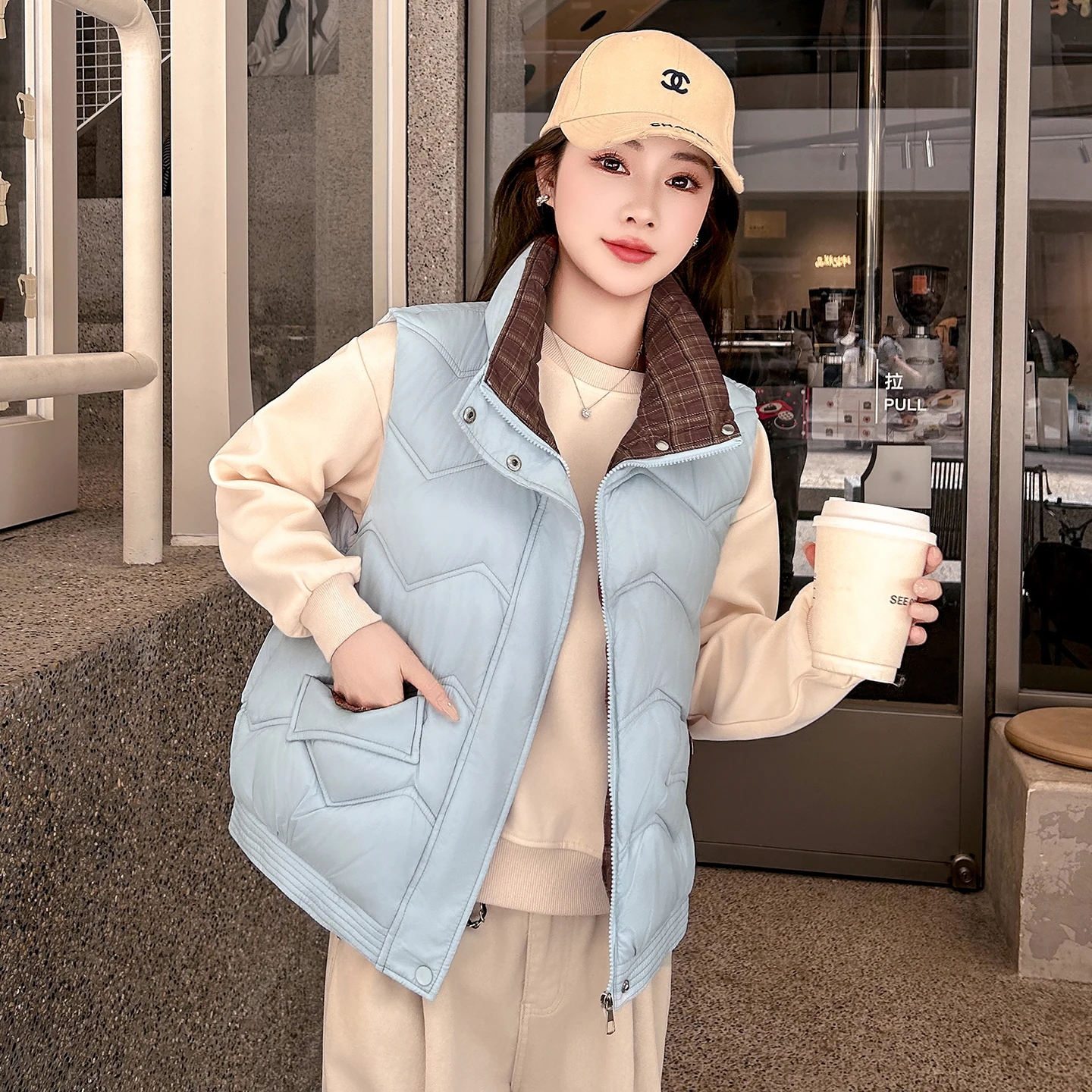 Autumn Winter Korean Women Vest Plaid Splicing Stand Collar Zipper Puffer Vest Thick Warm Sleeveless Women Vest Multi Color