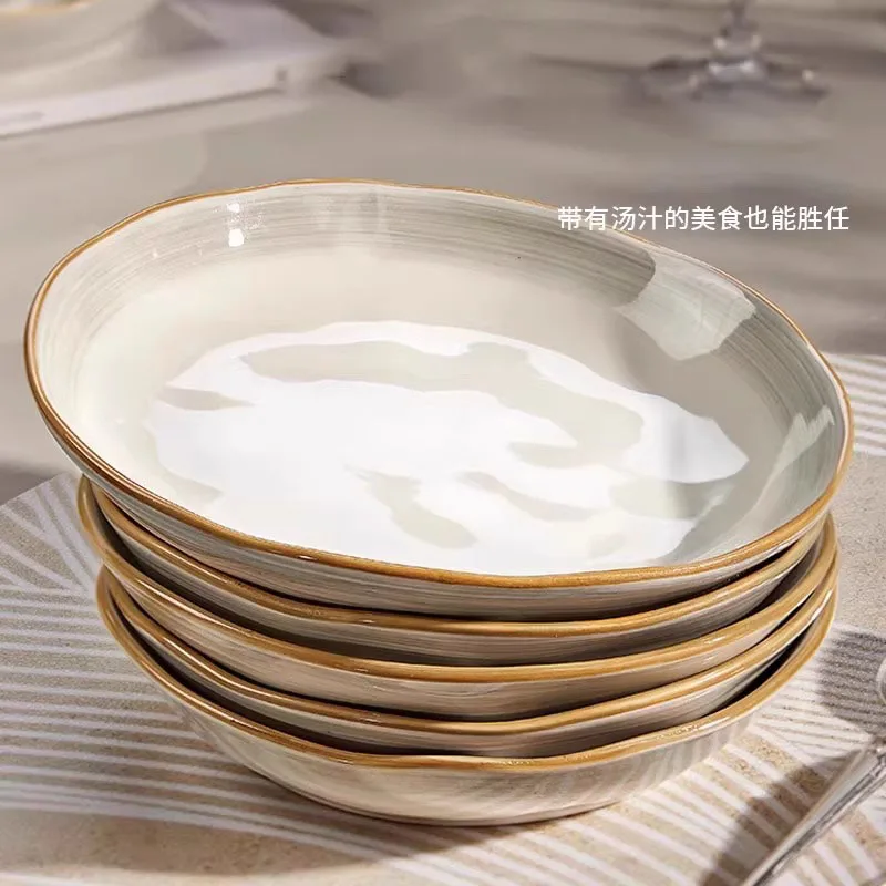 Western Style Deep Plates Household Color Blocked Ceramic Dinning Disc Light Luxury Versatile Soup Plates Minimalist Tableware