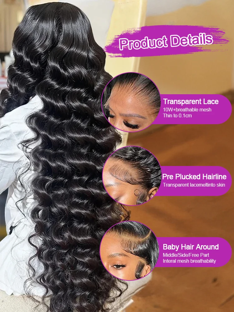 40 Inch HD Loose Deep Wave 13x6 Lace Front Human Hair Wigs Brazilian Curly Water Wavy 13x4 360 HD Transparent Lace For Women 250% High Density Pre Plucked Baby Hair 100% Natural Wave Human Hair Wigs image 6