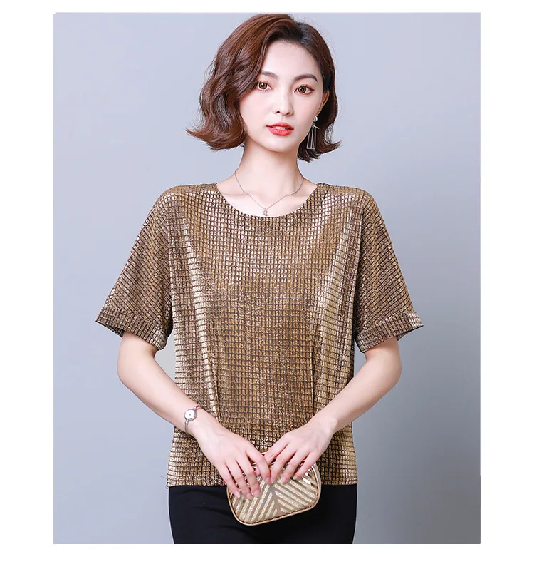 

Retro round neck top Chiffon T-shirt top women's 2024 summer new casual mesh mother's shirt