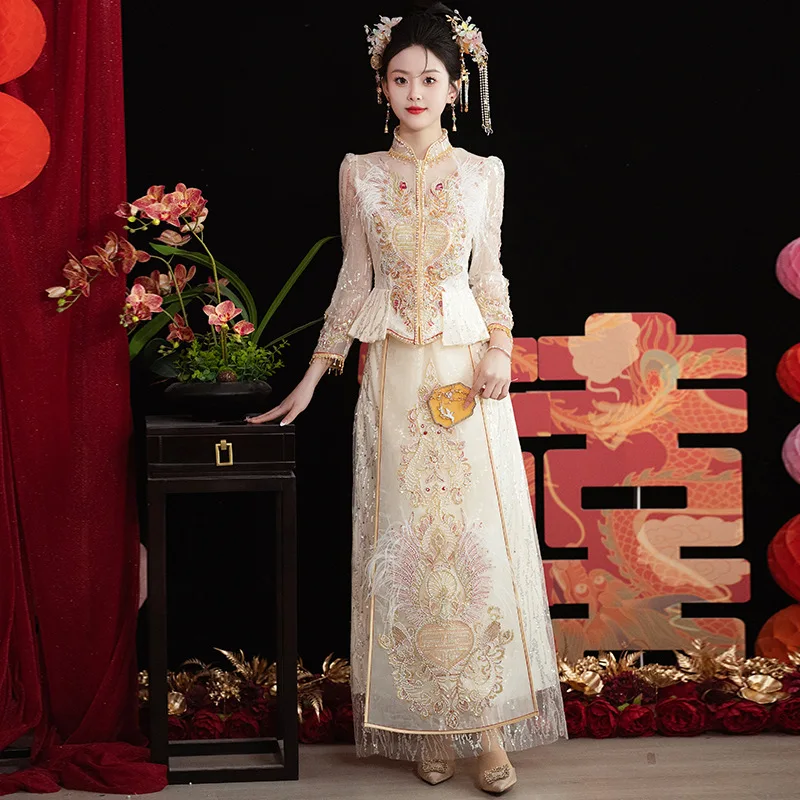 

Chinese Xiuhe Wedding Dresses Embroidery Hanfu Top Skirt Wedding Gowns Traditional Toast Dresses Women Feather Coat ﻿