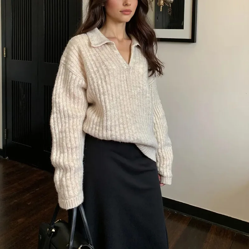 

Women's Loose Casual Solid Color Stripe Sweater Autumn New Knitwear Comfortable Fit Sweater