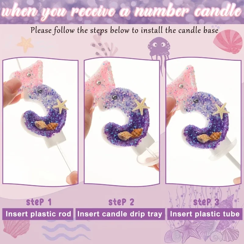 Mermaid Number Candles  Glitter Cake Toppers for Girls Birthday Party Under The Sea Decorations Princess Themed Celebration image 4